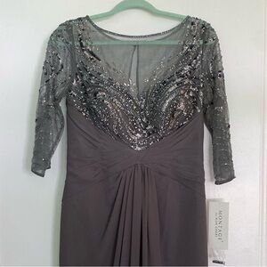 Montage by Mon Cheri Gray Long Sleeve Beaded Evening Dress